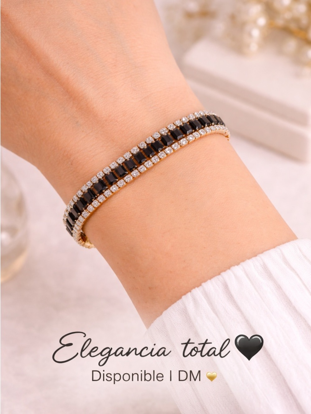 Gold Tennis Bracelet with Black and Clear Stones - Women Jewelry